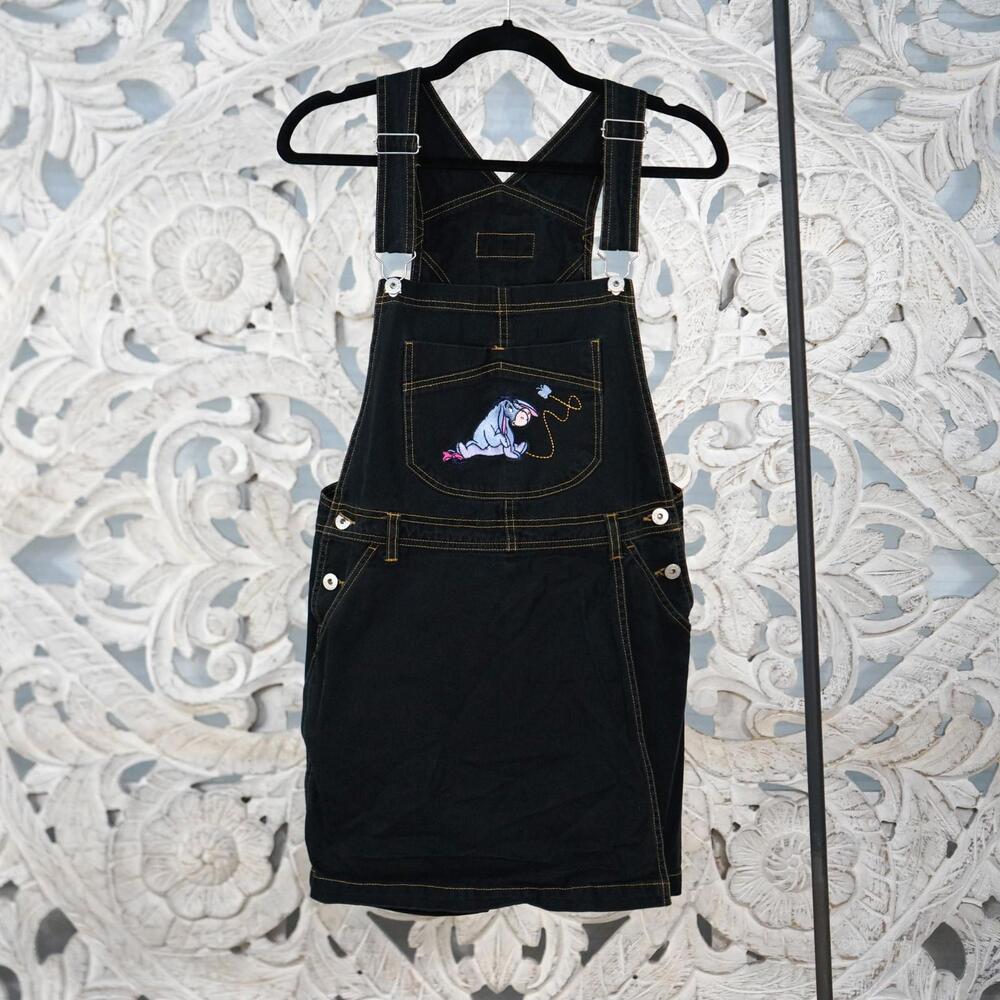 Y2K Disney Eeyore Black Denim Overall Girls M Adjustable Strap